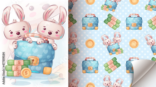 Cute rabbit with diplomat - seamless pattern
