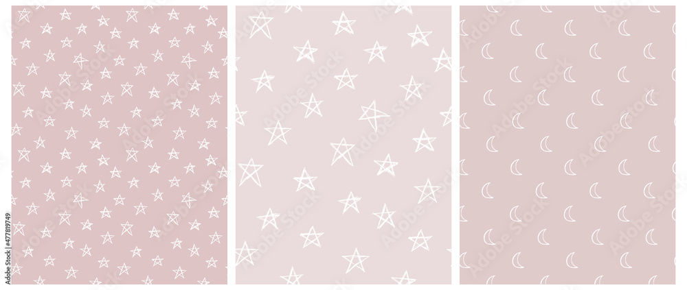 Funny Starry Vector Patterns. Irregular Hand Drawn Simple Night Sky Print for Fabric, Textile, Wrapping Paper. Infantile Style Design with Little Stars and Moons Isolated on a Pastel Pink Background. - obrazy, fototapety, plakaty 
