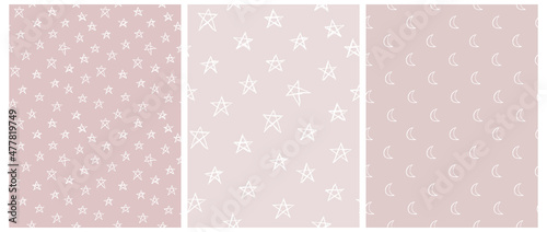 Funny Starry Vector Patterns. Irregular Hand Drawn Simple Night Sky Print for Fabric, Textile, Wrapping Paper. Infantile Style Design with Little Stars and Moons Isolated on a Pastel Pink Background.
