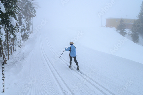 Senior nordic ski athlete. Active life in winter for seniors