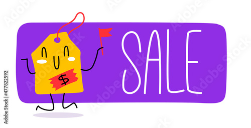 A banner about a sale with a funny character. The price badge jumps joyfully and waves a flag. A happy face with a smile.