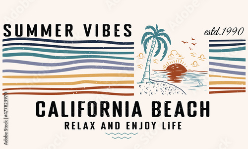 Summer vibes print design for t shirt print, poster, sticker, background and other uses. California beach vintage print artwork illustration. 