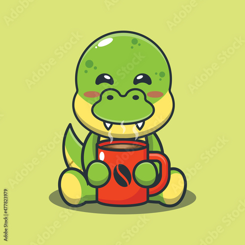 Cute dinosaur with hot coffee. Cute cartoon animal illustration.