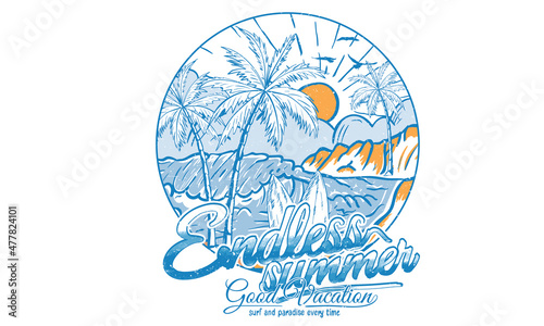Summer beach hand sketch print design for t shirt print, poster, sticker, background and other uses. Summer paradise vintage print artwork.