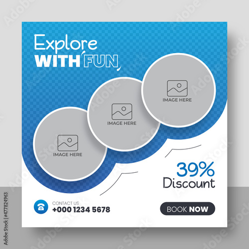 Travel holiday vacation social media post banner or square flyer design template