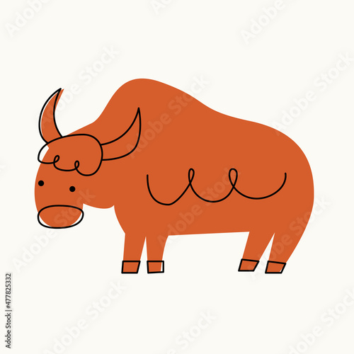 Illustration of a yak on an isolated background. Dusty pastel colors. Modern flat style