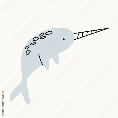 Illustration of a narwhal on an isolated background. Dusty pastel colors. Modern flat style