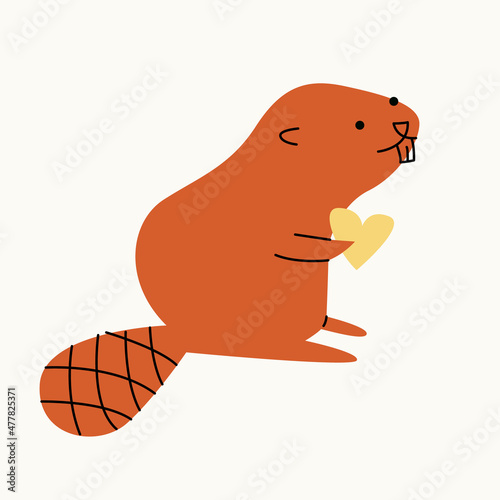 Illustration of a beaver with a heart on an isolated background. Dusty pastel colors. Modern flat style