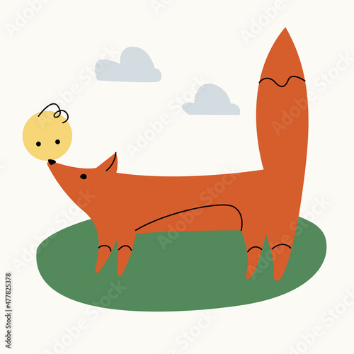 Illustration of a fox from a fairy tale with a kolobok want eat its on an isolated background. Dusty pastel colors. Modern flat style