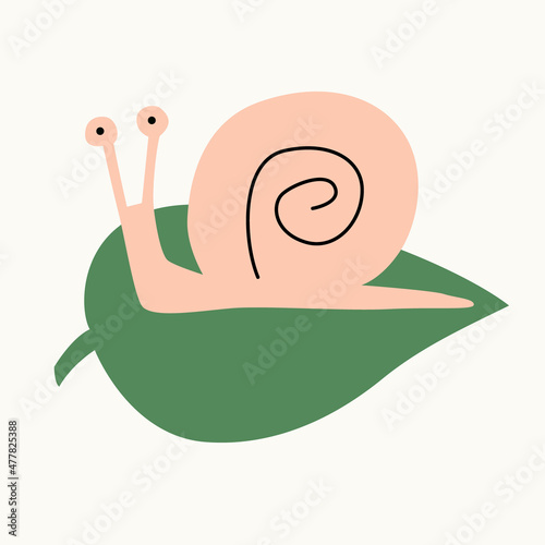 Illustration of a snail on a leaf on an isolated background. Dusty pastel colors. Modern flat style
