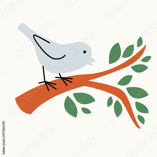 Illustration of a bird on a branch on an isolated background. Dusty pastel colors. Modern flat style