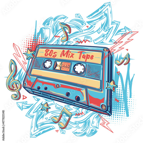 80s mix tape - colorful musical audio cassette design