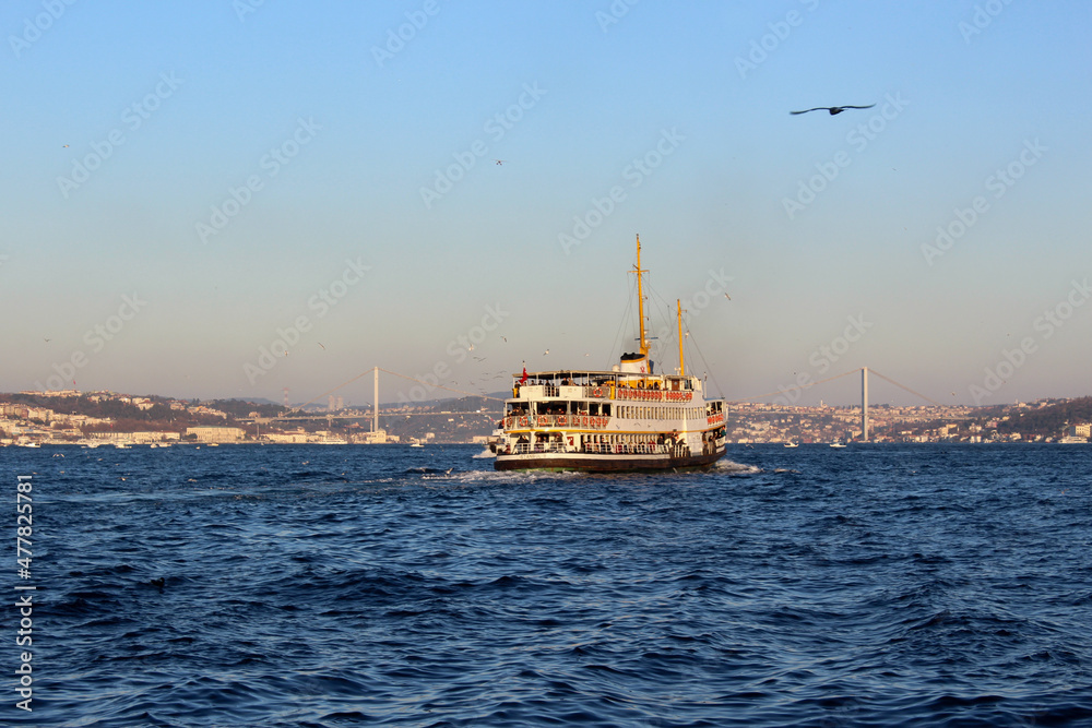 Motor ship in the water in Emınonu Istanbul, Turkey