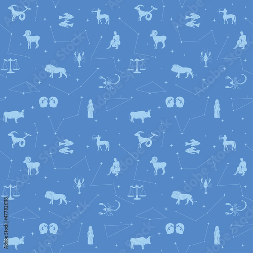 Zodiac constellations - blue vector seamless pattern with stars and animals