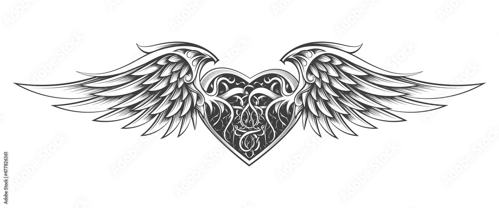 Heart with Wings Engraving Tattoo