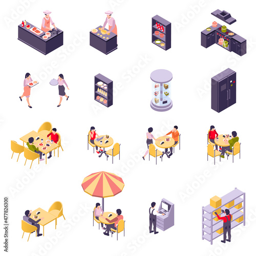 Restaurant Cafe Isometric Icon Set