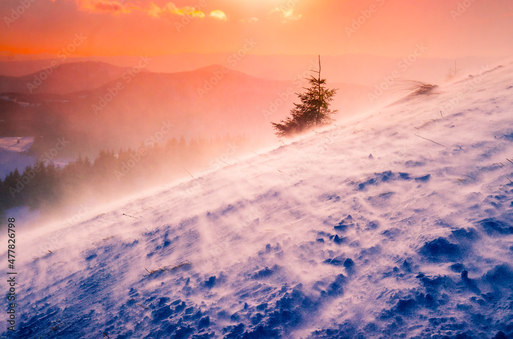 Beautiful warm sunset in ski resort, mountains. Wonderful winter photo, edit space