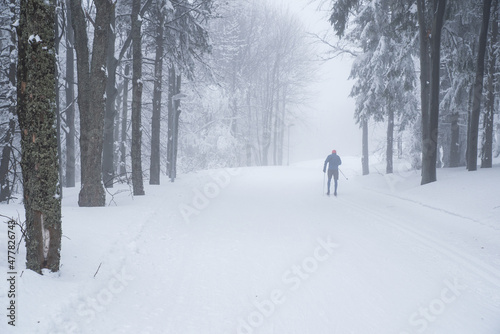 Man, nordic ski in white winter nature
