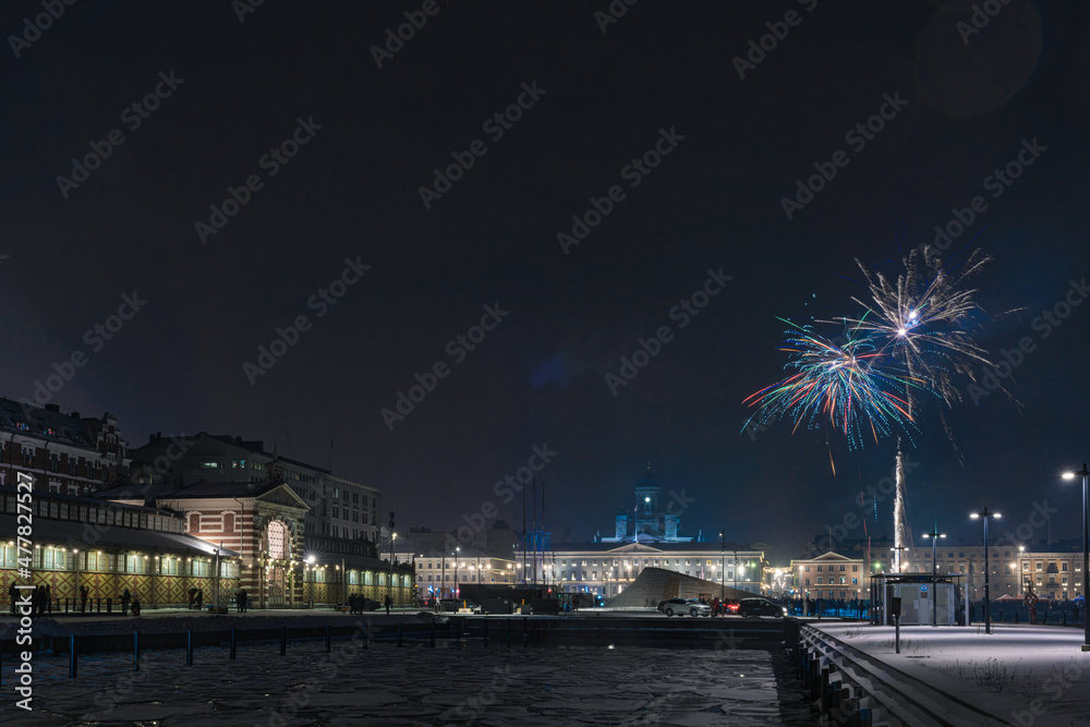 Helsinki. Finland. 01 January 2022. Market square. View of the white church. Happy fireworks. meeting the new year 2022