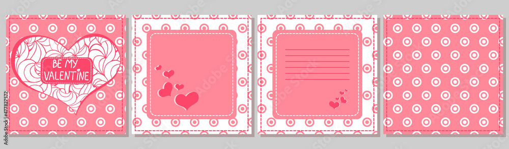Saint Valentine's day greeting card ready design. Square front, back, inside template with heart, frame, place for text, phrase Be My Valentine. Pretty pink and white doodle circles and curls bundle