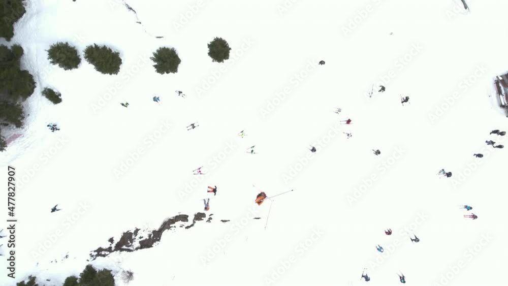 Aerial view of snowboarder and skier at Pamporovo Bulgaria Aerial view of snowboarder and skier at Pamporovo Bulgaria