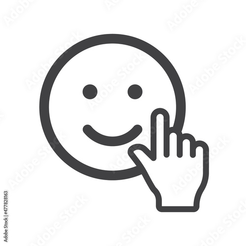 happy smiley click vector icon isolated on white background. happy smiley with hand click cursor stock vector illustration for web, mobile app and ui design