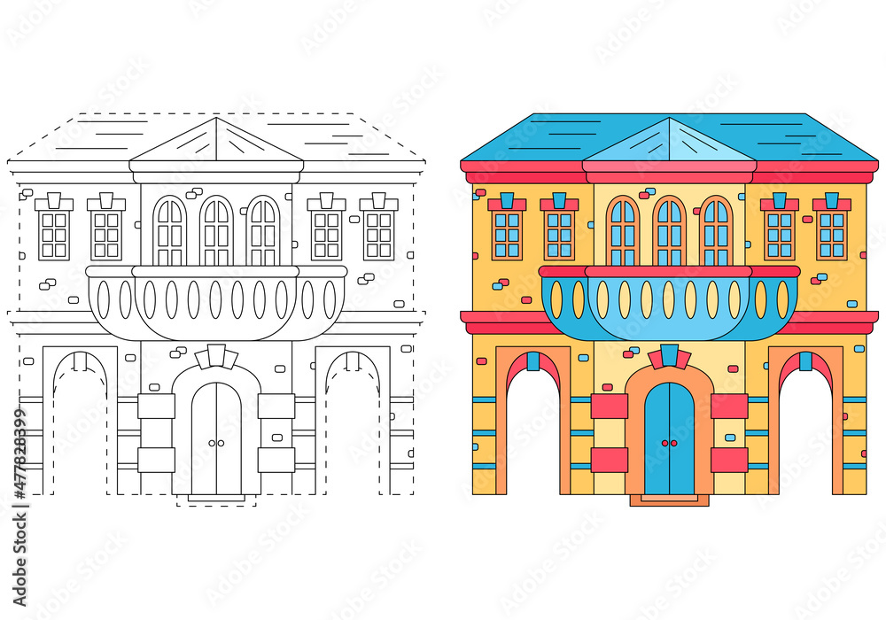 Old house with arches. Coloring book for children. Practice of handwriting. Education Development Worksheet.