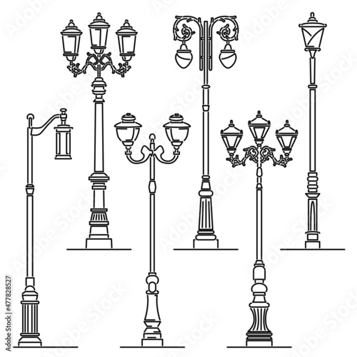 Set of simple vector images of vintage artistic decorative lamppost in art line style.