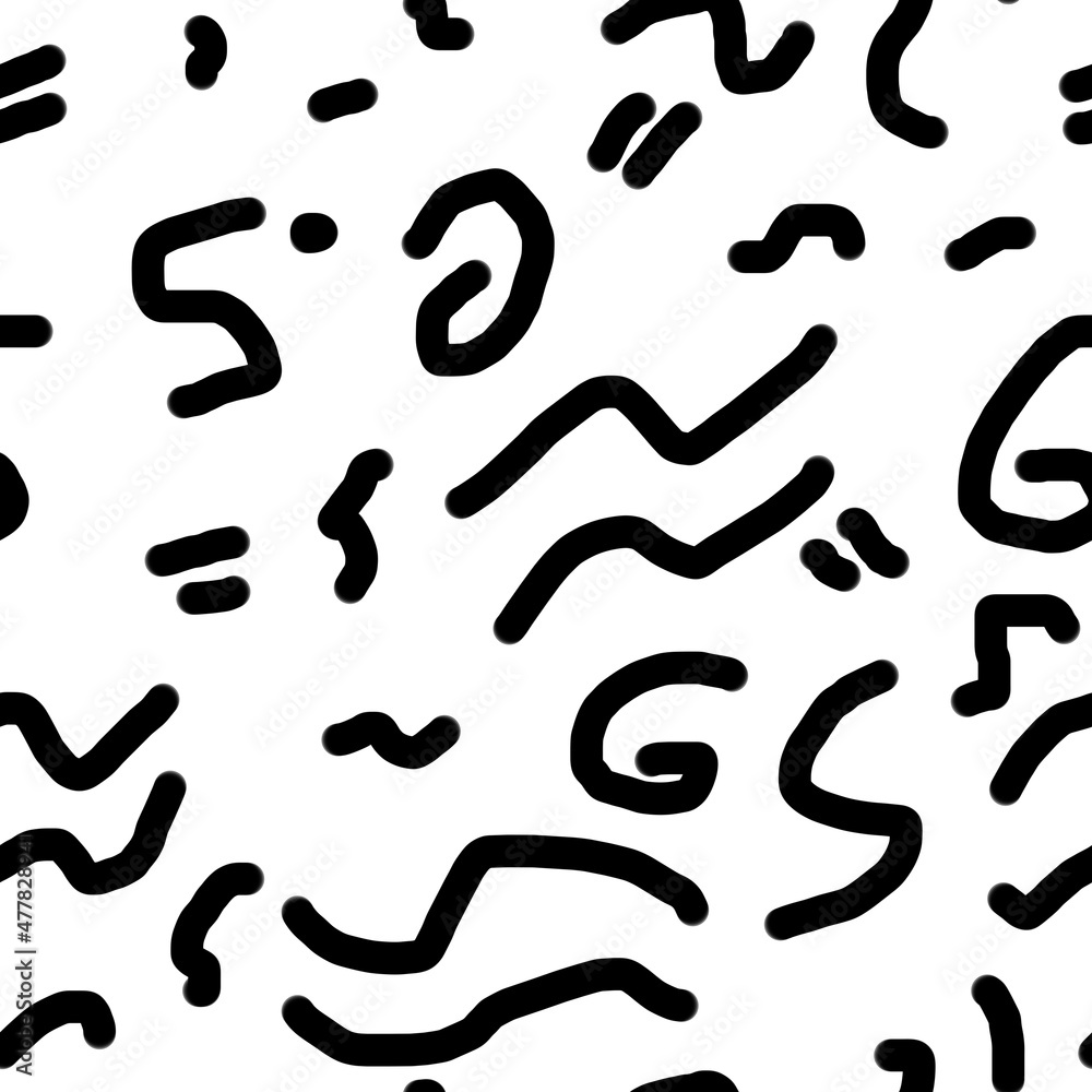 Seamless trendy abstract scribbles pattern. Black and white simple pattern. Great for print, wrapping paper, wallpaper Seamless trendy abstract scribbles pattern. Black and white simple pattern. Great for print, wrapping paper, wallpaper