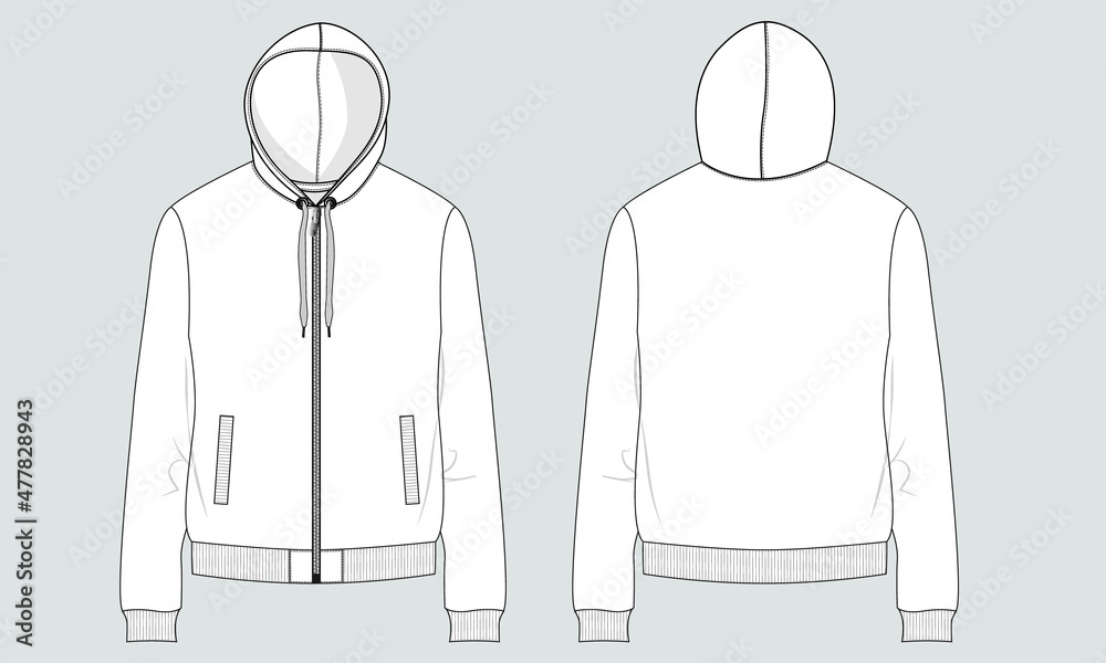 Long sleeve hoodie with Zipper technical fashion Drawing sketch ...