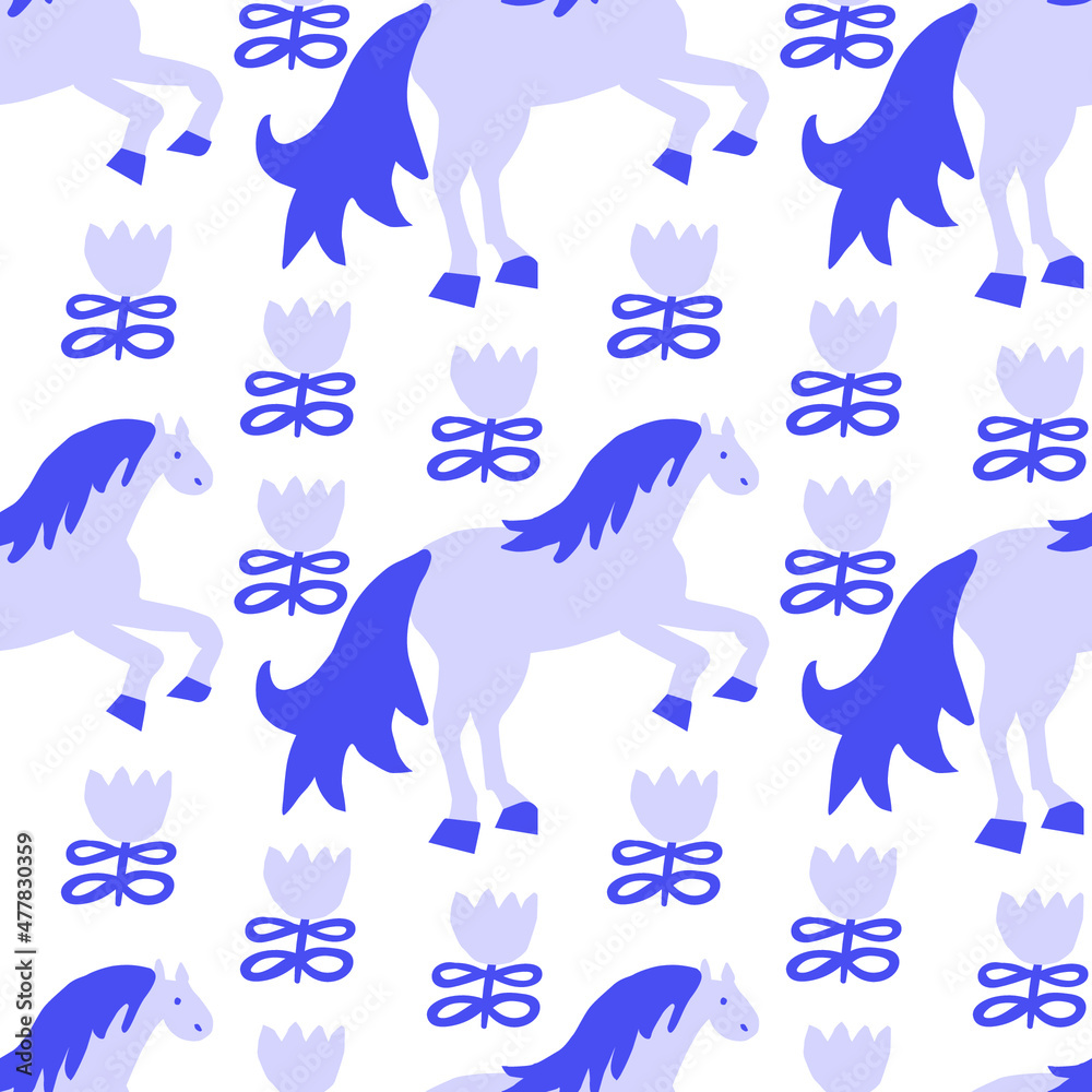 Vector seamless pattern with horses on trendy purple background.Minimalistic,animalistic print in Very Peri in doodle style.Design for textiles,wraprapping paper,packaging,social media,scrapbook. 