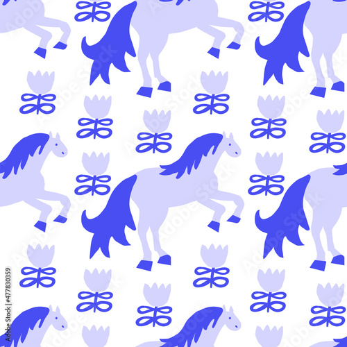 Vector seamless pattern with horses on trendy purple background.Minimalistic,animalistic print in Very Peri in doodle style.Design for textiles,wraprapping paper,packaging,social media,scrapbook. © Мария Минина
