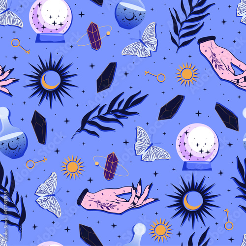Vector seamless pattern of hands with signs magic sun and stars. Mystical esoteric trendy background for design of fabric, packaging, phone case, astrology.
