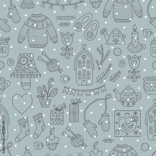 Winter tea party. Scandinavian hygge line seamless pattern with warm, cozy winter elements. Gifts and plants, knitted sweater, hat, scarf, socks. 