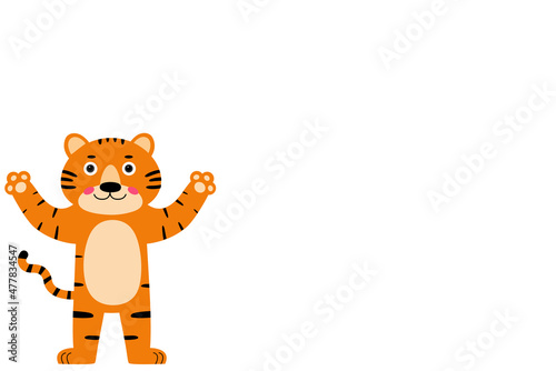 Cute cartoon striped red tiger on white background. Tiger smiles and waves. New Year 2022.