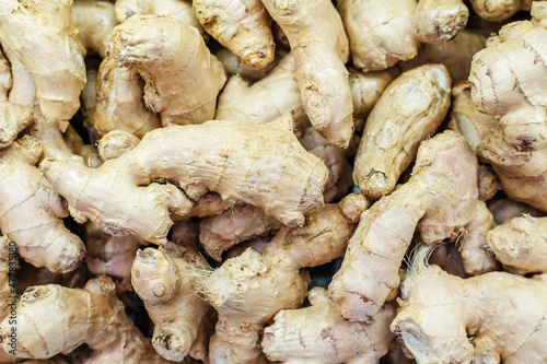Ginger roots on the counter in the store. Close-up
