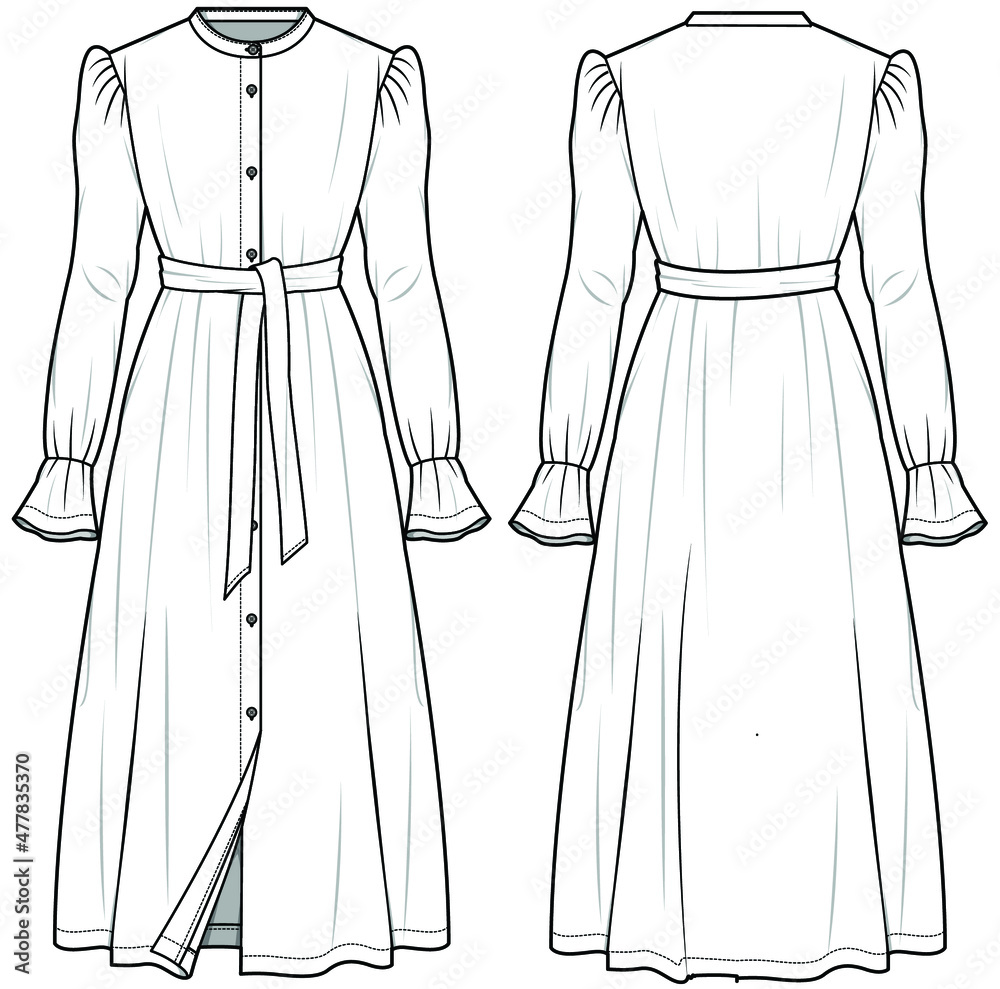 Mandarin Collar Full Placket Puff Long Sleeve Front Tie Midi Dress