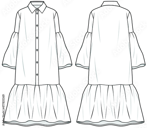 Collared Trumpet Sleeve Shirt Dress With Frill Hem. Front and Back View. Fashion Illustration, Vector, CAD, Technical Drawing, Flat Drawing.