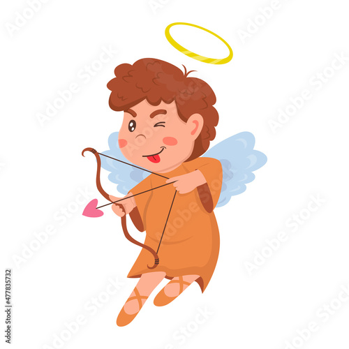Little cute boy angel in orange dress shoots a bow in cartoon style