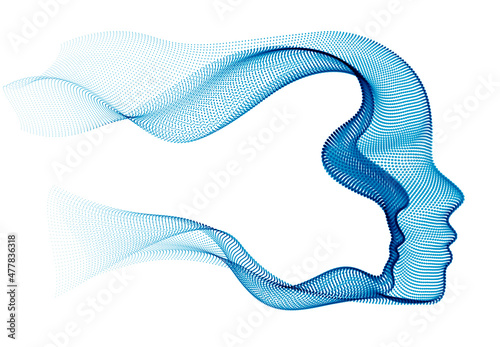 Futuristic idea of digital software soul of machine, spirit of technocratic time evolution period, human head vector illustration made of dotted particle flow array. photo