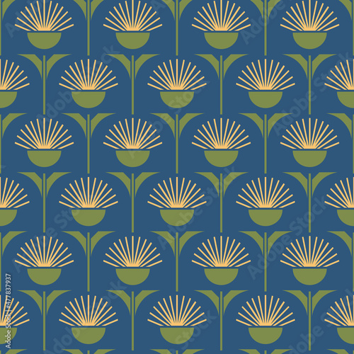 Seamless vector pattern with geometrical dandelions on blue background. Simple modern floral wallpaper design. Decorative fluffy flower fashion textile.
