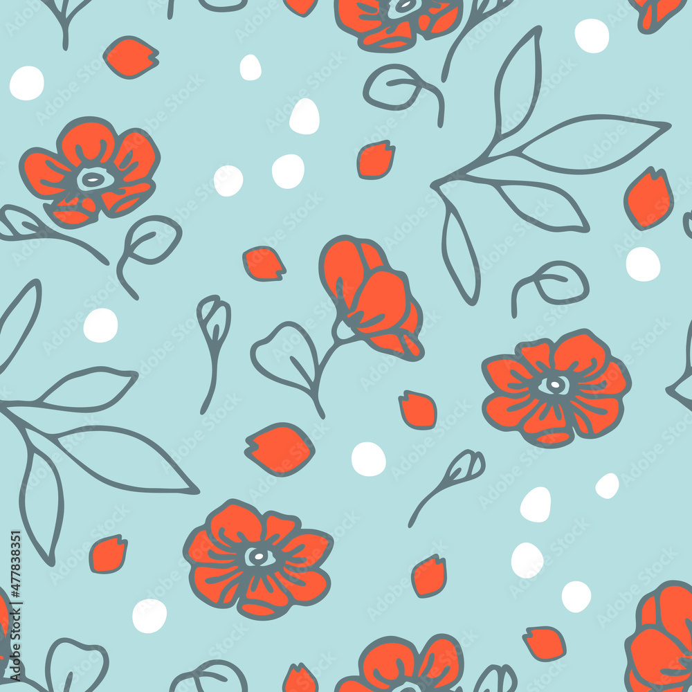 Seamless vector pattern with orange flower bloom on blue background. Romantic vintage floral wallpaper design. Decorative boho fashion textile.