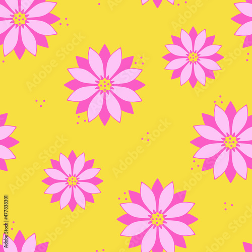 Seamless vector pattern with pink flowers on yellow background. Simple summer daisy wallpaper design. Decorative floral fashion textile.