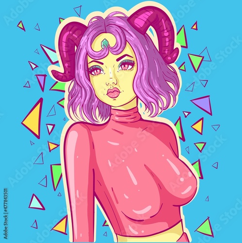Astrological sign conceptual art of a girl in pastel goth clothes and horns. Capricorn woman with short hair and a crystal on her head posing. Astrology illustration.