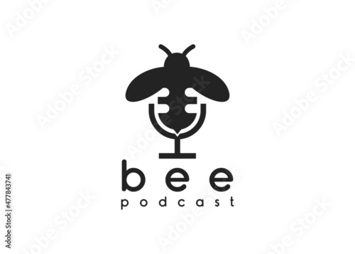 Silhouette of Mic Microphone with Bee Bumblebee Insect Bug for Podcast logo design