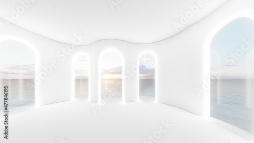 Interior background light arched openings in an empty room with a sea view 3d rendering