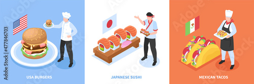 World Cuisine Isometric Square Compositions