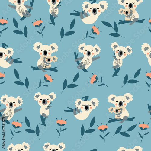 Photography Seamless pattern of cute koalas sitting on the branches