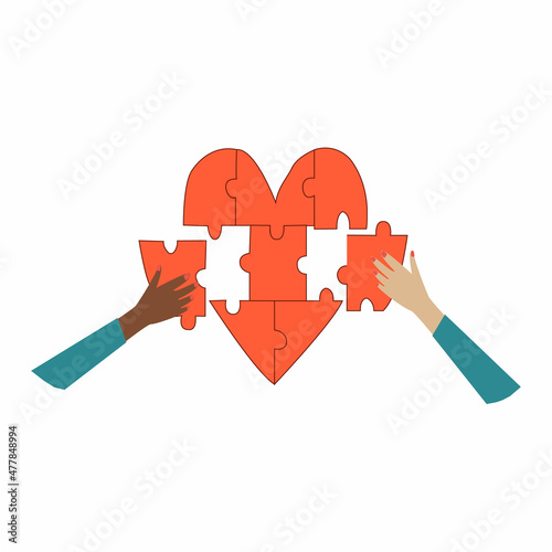 The concept of ethnic equality. Two female hands of different ethnic groups are holding a piece of the puzzle in the form of a heart. Vector illustration.