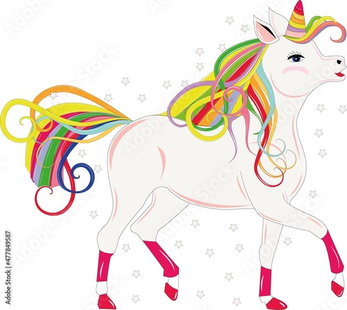 Fairy unicorn on a white background. Cute pony face with rainbow hair
